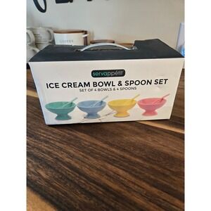 Servappetit Ice Cream Bowl and Spoon Set 8 Piece Pastel Ceramic Footed Cup